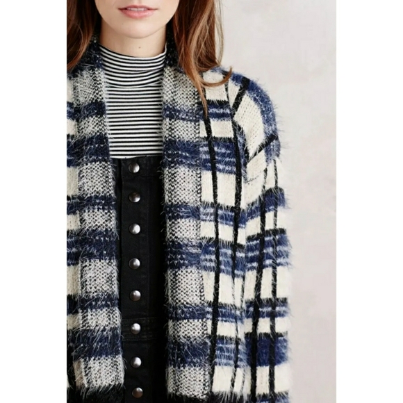 Anthropologie Sweaters | Anthropologie Le Fee Verte Eyelash Plaid Soft Cardigan Large Blue Black White | Color: Blue/White | Size: L | Lydiasluxe's